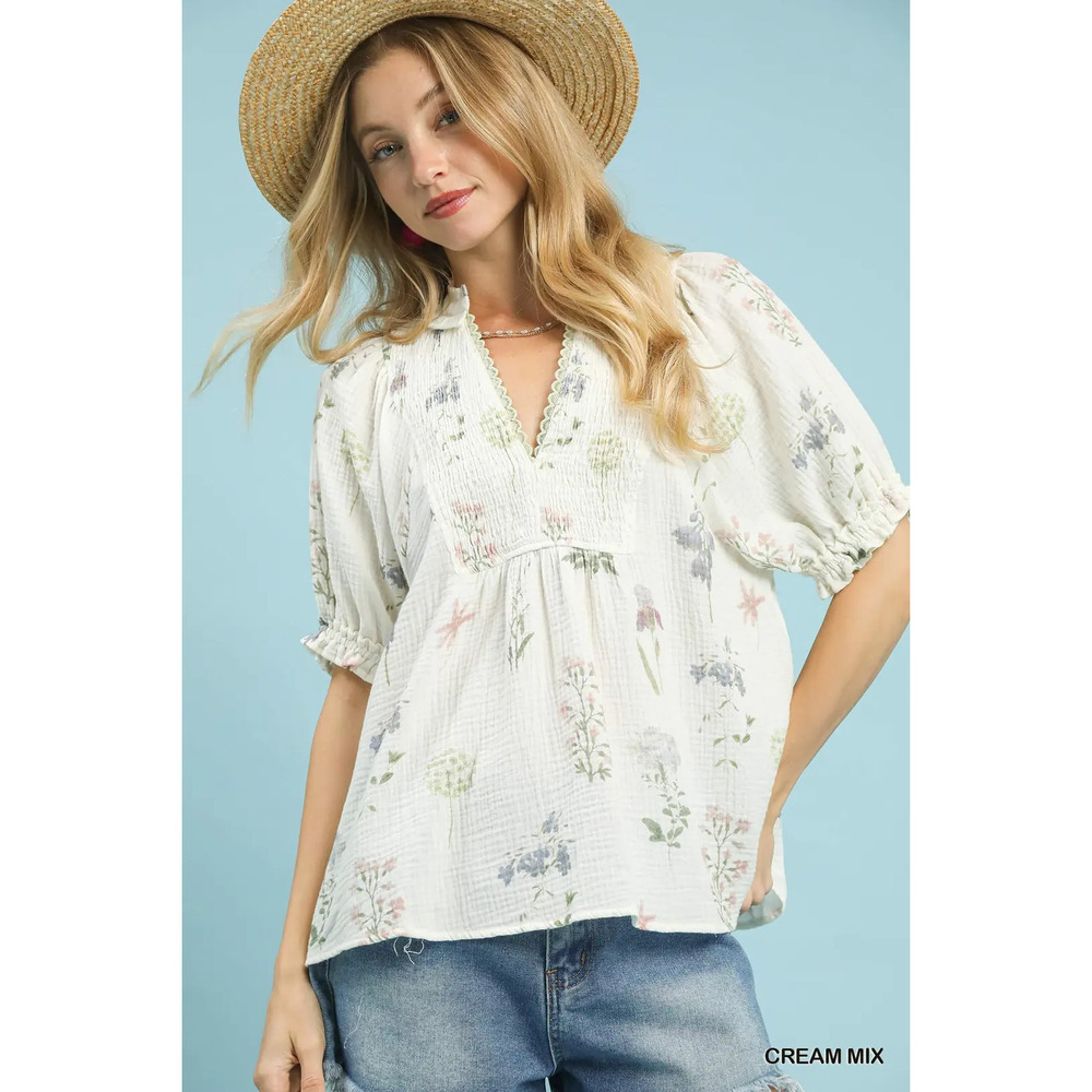 Umgee Floral Print Cotton Gauze Top